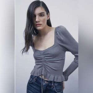 ZARA Ruched Sweetheart Cropped Knit Top Size M Puff Sleeve Tie Front Lilac